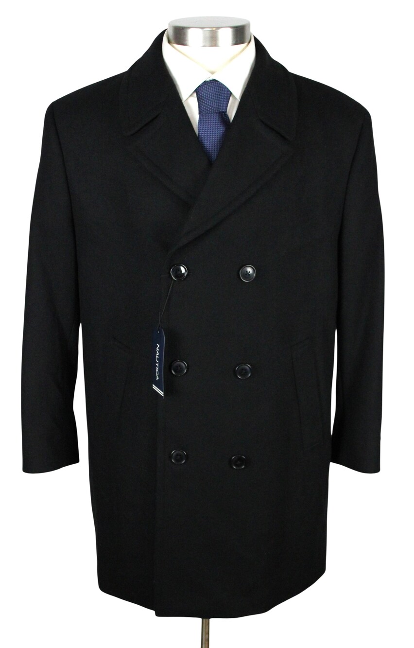 Nautica Coat Mens 42 S Black Wool BRASS Pea Coat Double Breasted Winter Lined